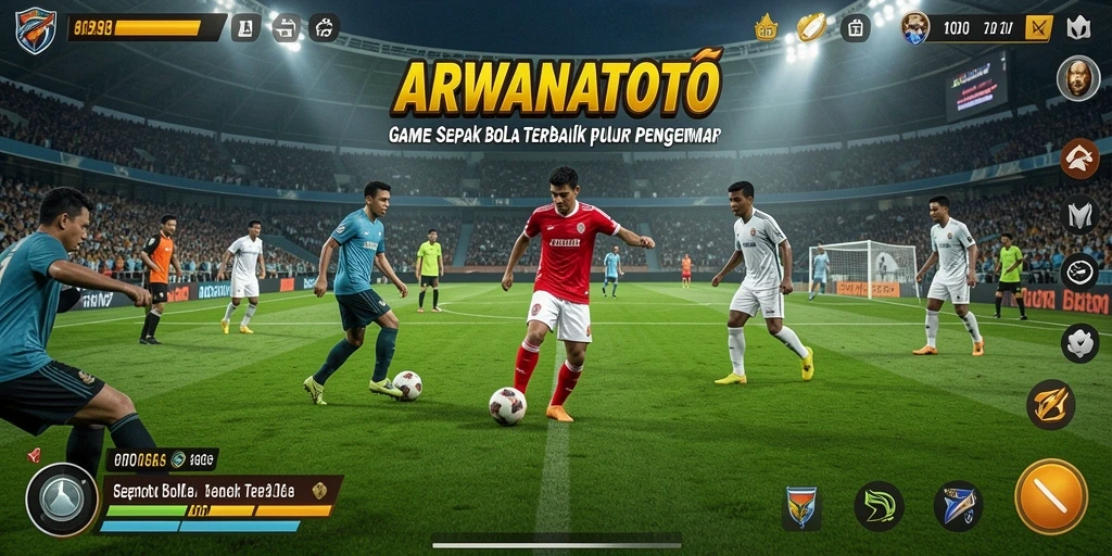 Gameplay ARWANATOTO menampilkan pertandingan sepak bola yang mendebarkan.