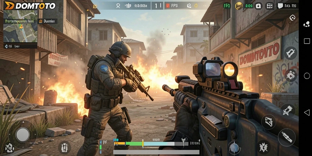 Tampilan gameplay seru di dalam DOMTOTO dengan aksi tembak-menembak yang intens.
