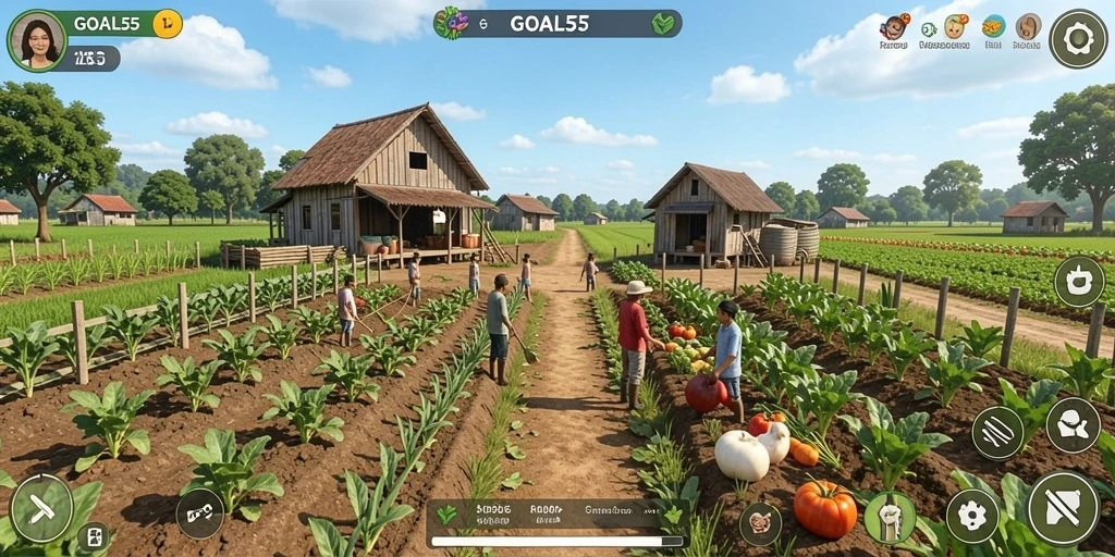 Screenshot gameplay GOAL55 menampilkan ladang subur dengan berbagai tanaman.