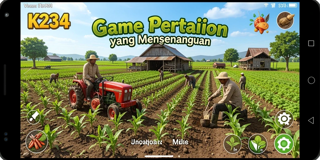 Tangkapan layar gameplay K234 menampilkan ladang yang subur dan aktivitas bertani.