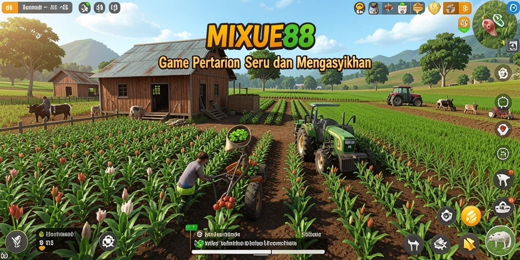 Screenshot gameplay MIXUE88 menampilkan kebun yang subur dan berwarna-warni.