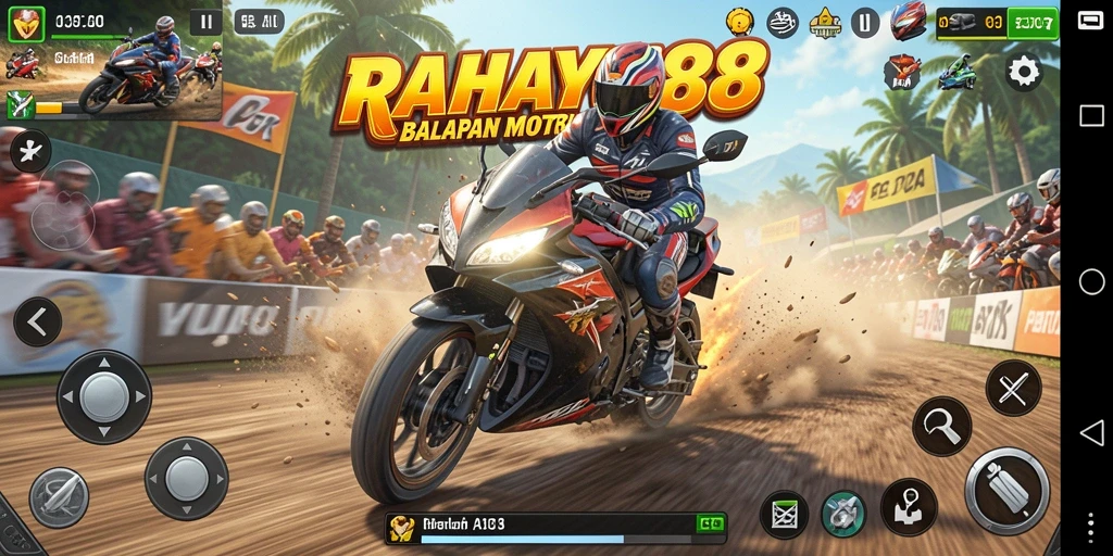 Gameplay seru dalam RAHAYU88 dengan balapan motor mendebarkan.